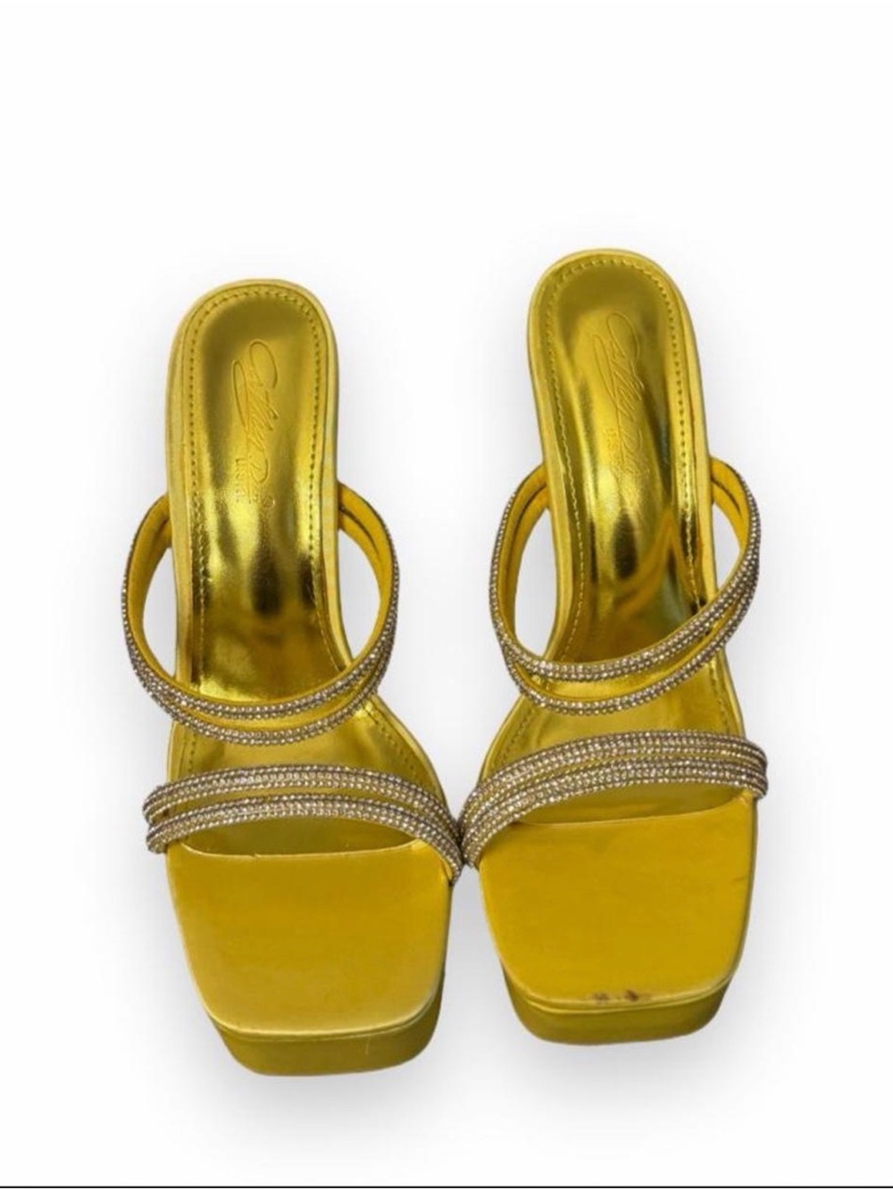 Metallic Yellow Rhinestone Two-Strap Slide Heels